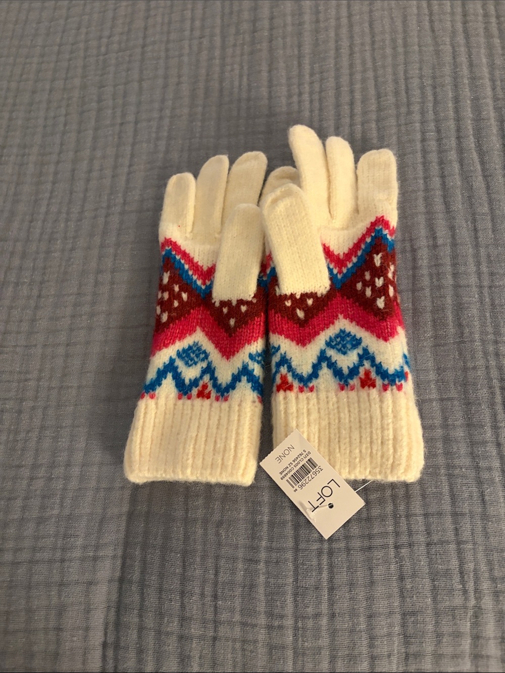 LOFT womens Cream Fair Isle Knit Mittens with Pink, Blue, and Brown Accents